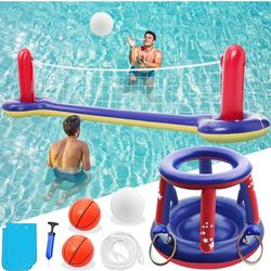 Brand New       Jasonwell Pool Toys Games Set - 3 in 1 Pool Volleyball Net Basketball Hoop Ring Toss Game Inflatable Floats Water Floating Volleyball 