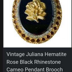 Vintage Juliana Hematite Rose Black Rhinestone Cameo Pendant 