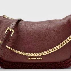 Michael Kors oxblood shearling Carmela Pebbled Leather Baguette Bag NWT