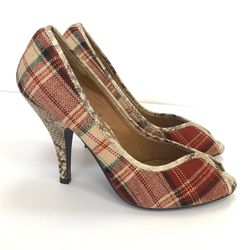 Trbeca By Kenneth Cole Sz 8 Prime Time Heels Red Plaid - Tan Snakeskin, Peep Toe