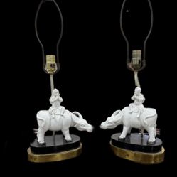 Blanc de Chine Porcelain Figurine Lamps  Of A Boy And A Water Buffalo Pair 