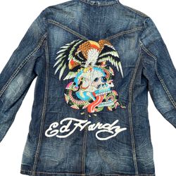 Vintage Ed Hardy by Christian Audigier Denim Jean Jacket with Embroidered Eagle Skull 