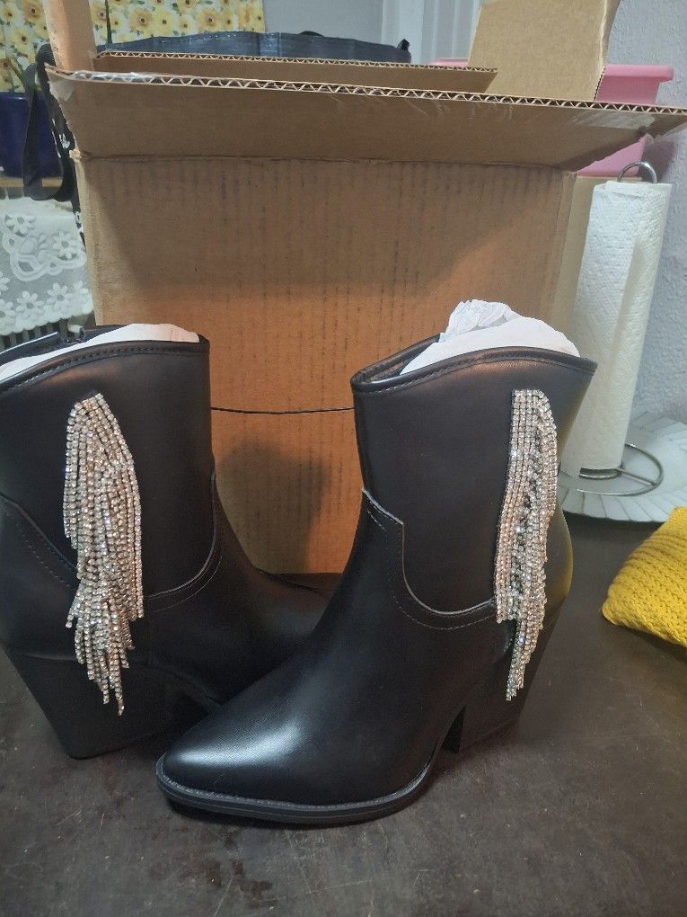 Rhinestone Block Heel Booties