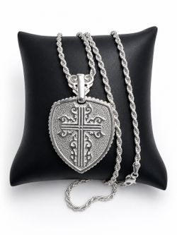 925 Sterling Silver Cross Shield Pendant Men’s Necklace Size 24”