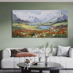 Landscape Wall Art Canvas for Living Room, Mountain Nature Painting Bedroom Large Textured Floral Scenery Picture Framed Artwork for Office Home Dinin