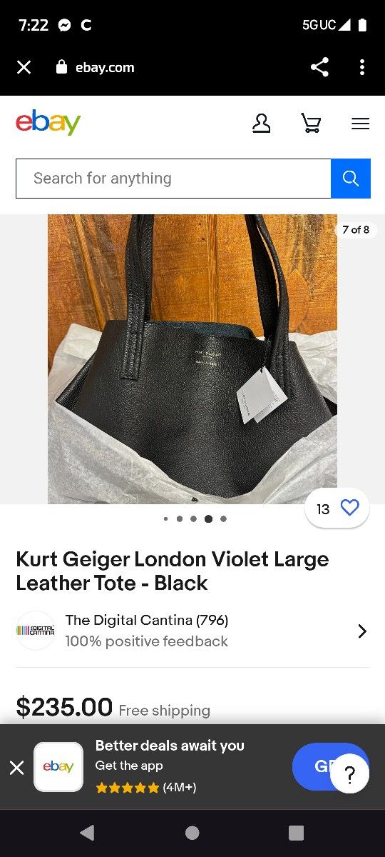 Authentic Kurt Geiger London Large Black Leather Purse/ Tote Black