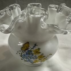 Fenton Milk Glass Silver Crest Art Glass Vase - Hand Painted