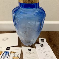 Moser Cobalt Blue Crystal Vase Engraved Sunflowers OP with 24K Gold Rim 3290