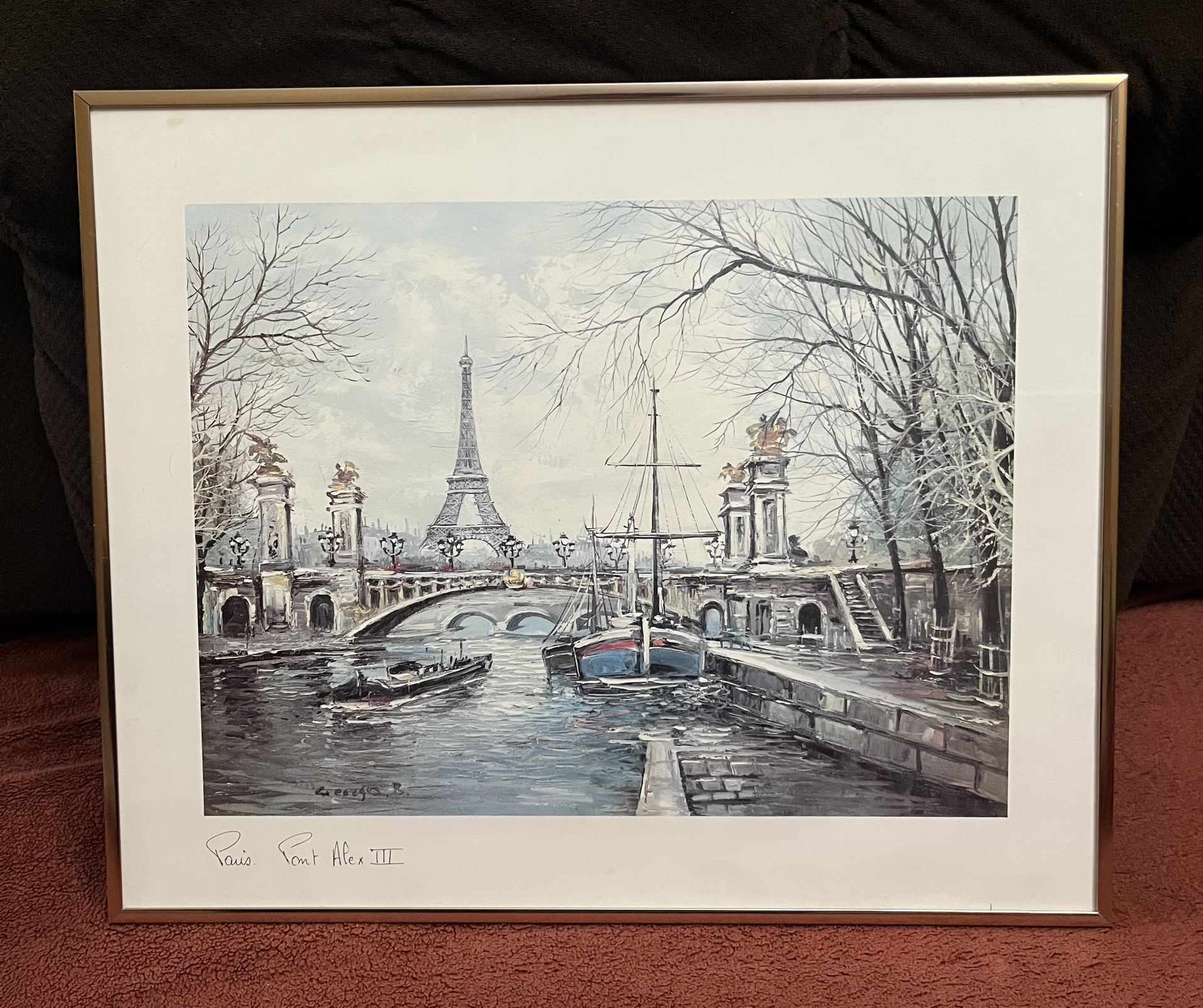 Vintage Framed Georges B Paris Painting of Paris Pont Alex III
