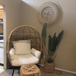 Boho Egg Chair W/ Foot Stool and Wall Clock 