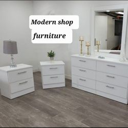 DRESSER WITH MIRROR AND TWO NIGHTSTANDS 