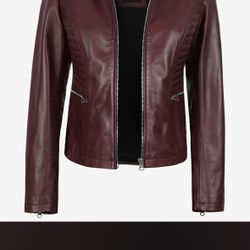 Women's Burgundy Leather Cafe Racer Jacket, Size M 