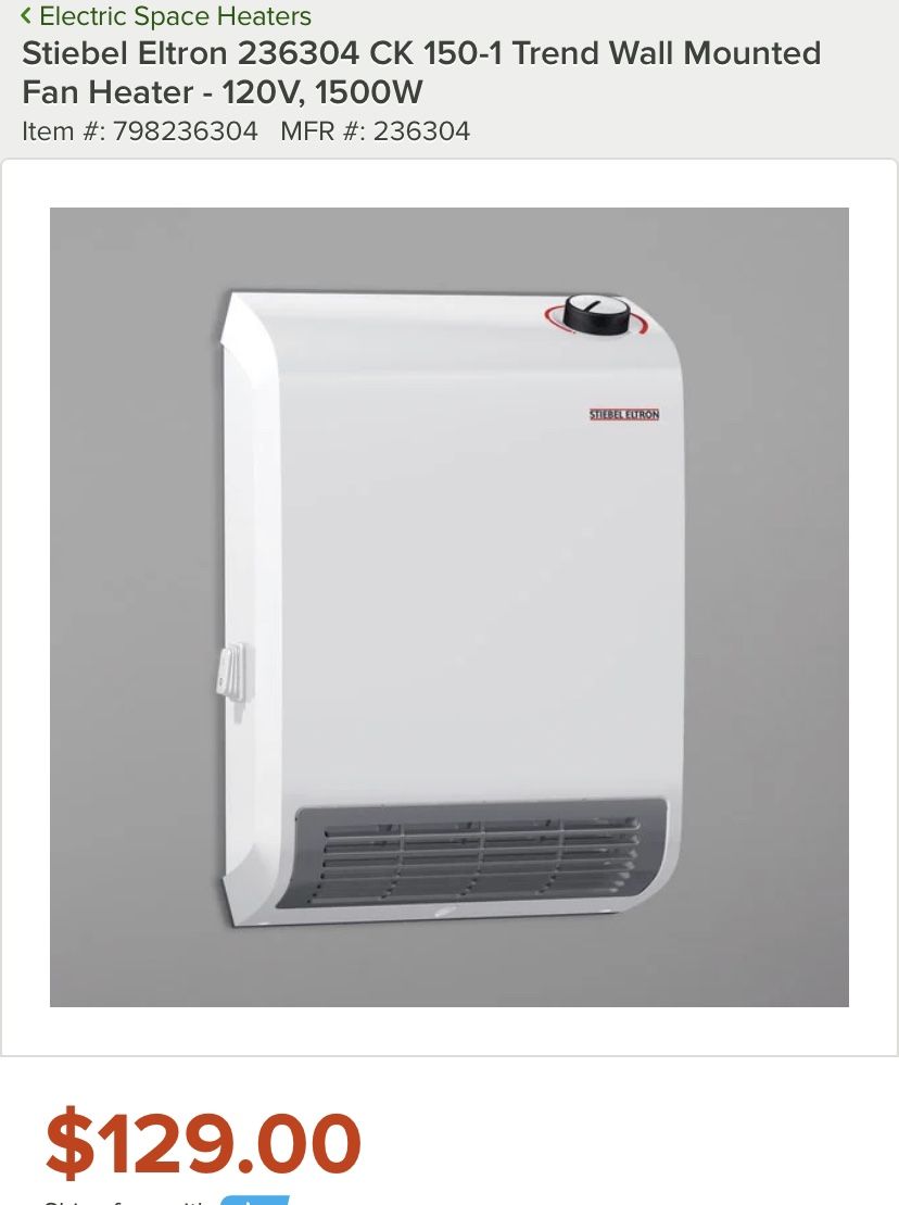 Stiebel Eltron 236304 CK 150 Trend Wall Mounted Fan Heater 120V