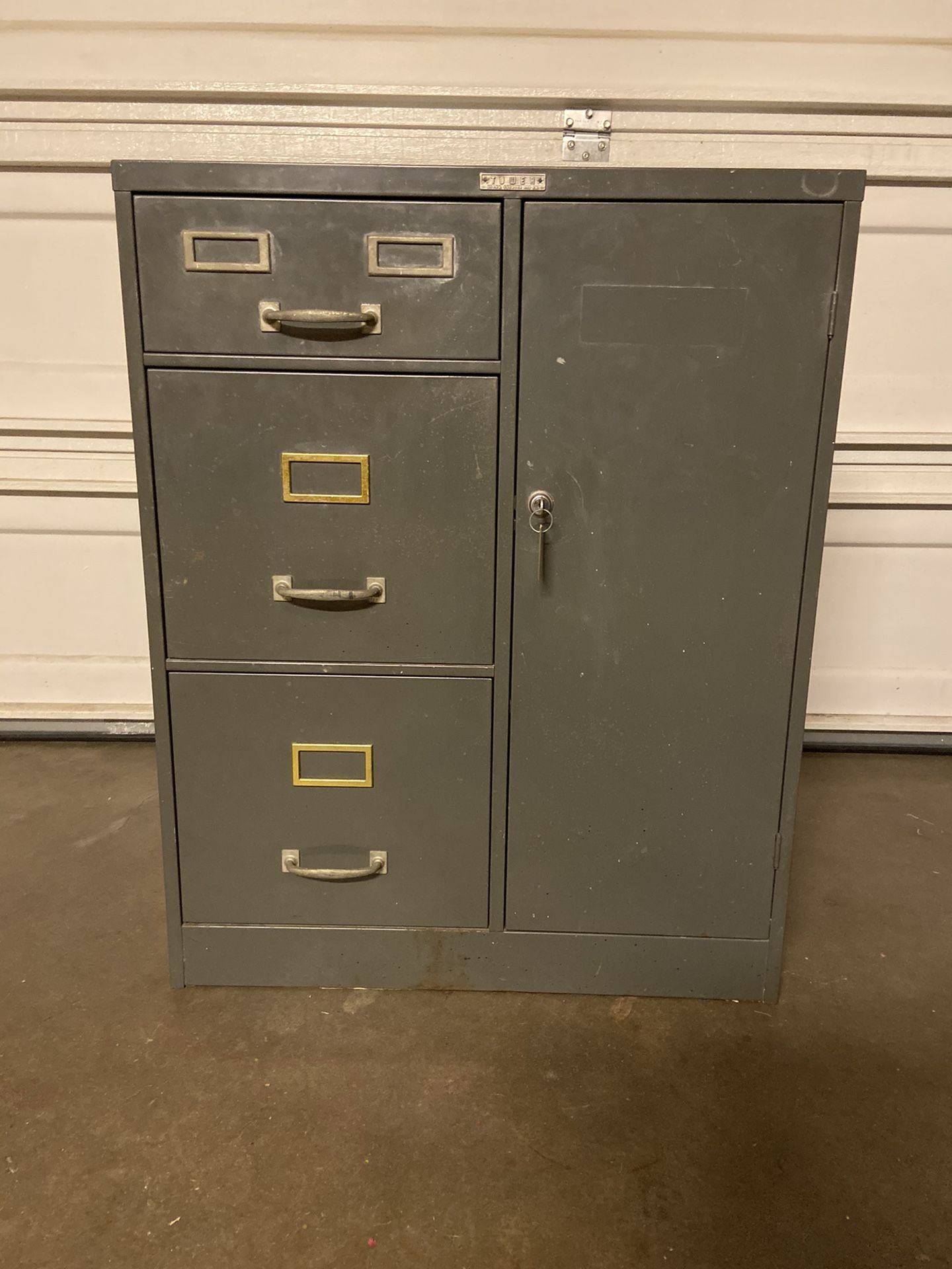 Vintage Tower Steel FILING CABINET and lock box safe cabinet size - 16x27x34in Includes key to door *does not include combination for safe.