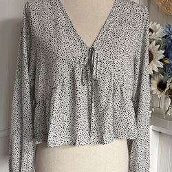 White Babydoll Long Sleeve Polka Dot Blouse