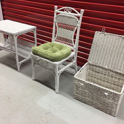 White Wicker Table, Chair, Cushion
