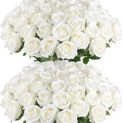 Hananona 50 Pcs Artificial Roses in Bulk, Fake Velvet Silk White Roses Realistic White Roses for Wedding Centerpieces Flower Arrangement Home Decor (5