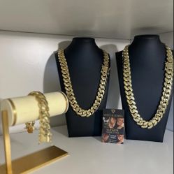 (Set) 2 - Chain 1 - Bracelet 20mm Miami Cuban Link Yellow Gold Plated Necklace
