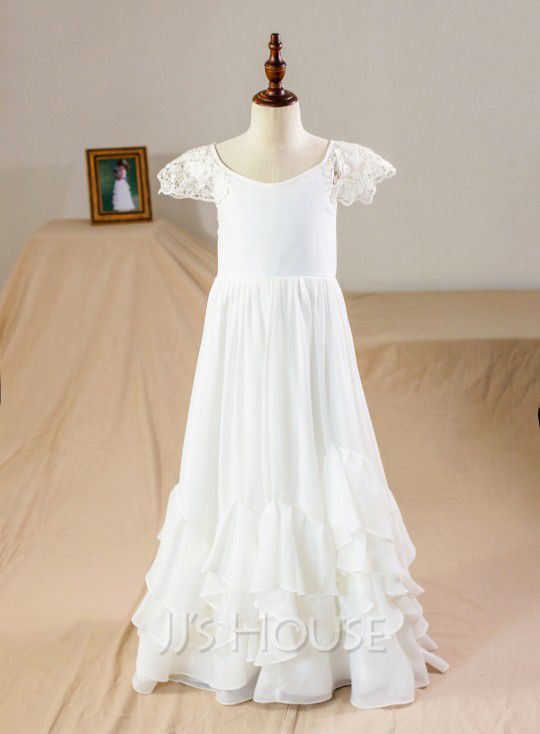 White Lace Chiffon Flower Girl Dress