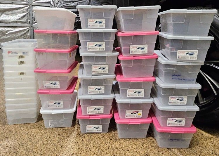 Shoe box/tote Storage w/Lids, Glass Jars, Baskets