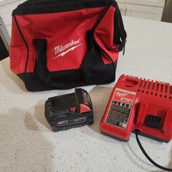 Milwaukee Drill Battery,  Charger, And Bag