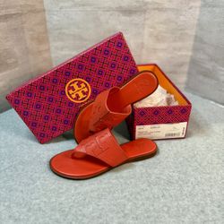 Tory Burch Jamie Full Logo Thong Sandal Womens 8 Red Samba Leather Logo Casual