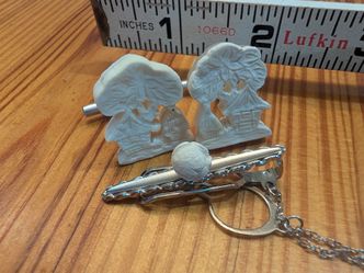 Vintage Mid-Century Japanese Carved Bone Silver Tie Bar & Cufflink Set
