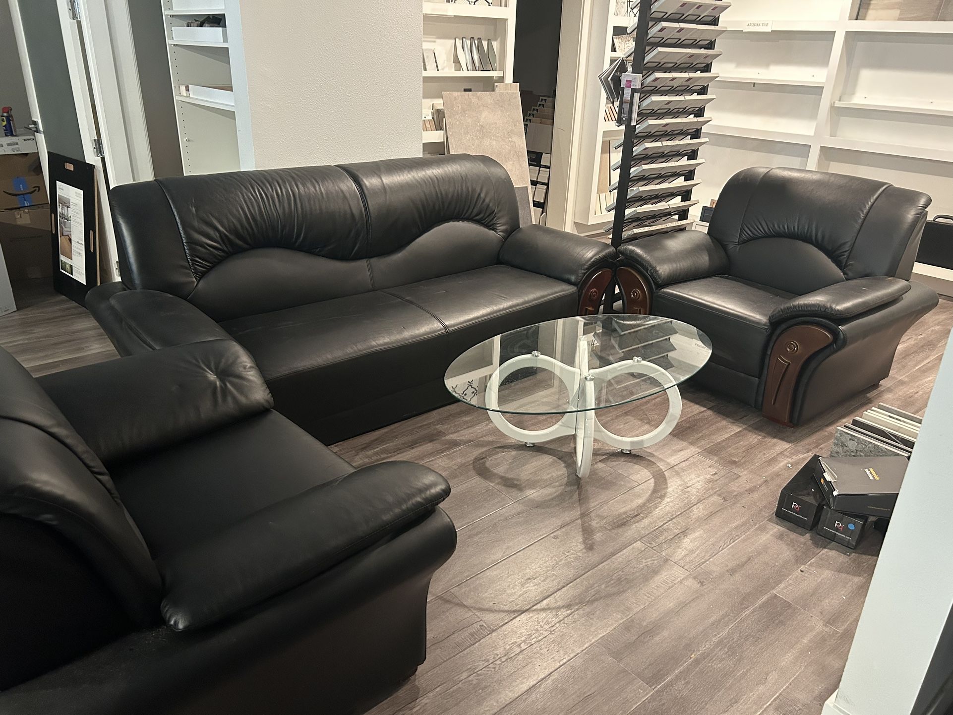 Black Leather Sofa Set - 3 Pieces + Glass Coffee Table - Great Condition!