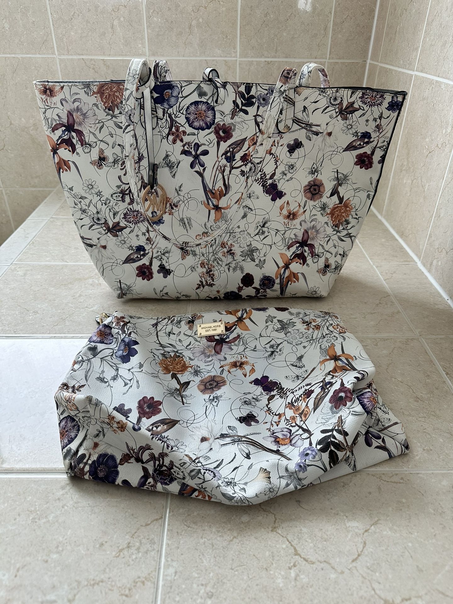 Women Fashion White Flowery and Butterflies Tote with makeup bag