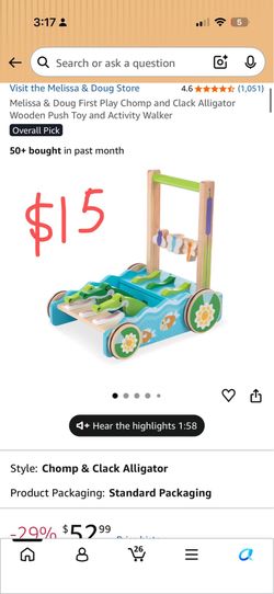 Melissa & Doug First Play Chomp and Clack Alligator Wooden Push Toy and Activity Walker