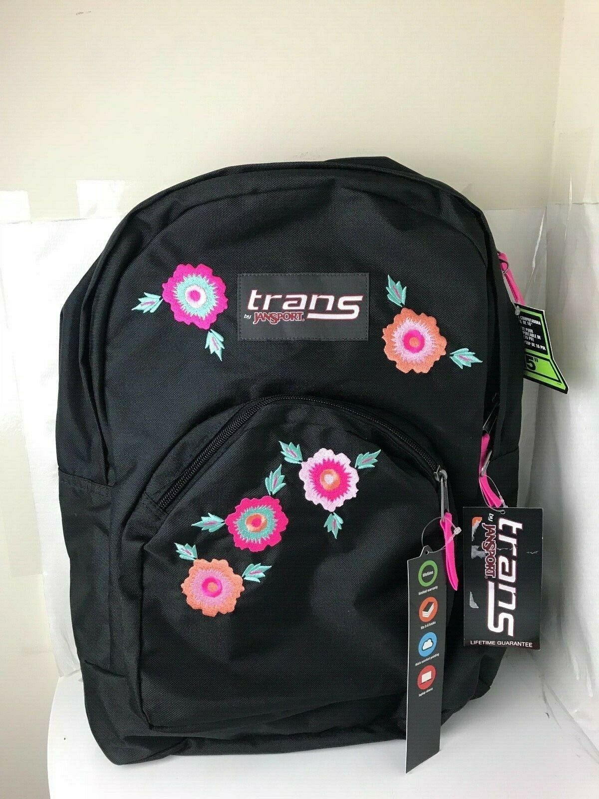 Trans JanSport Overt Rosa Floral Backpack 17.5" Fits 15" Laptop Black and Pink