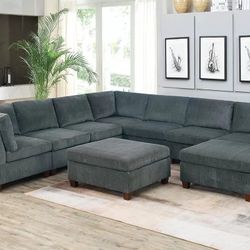 Brand New Grey Super Plush Chenille Modular Sectional Sofa w Ottoman 
