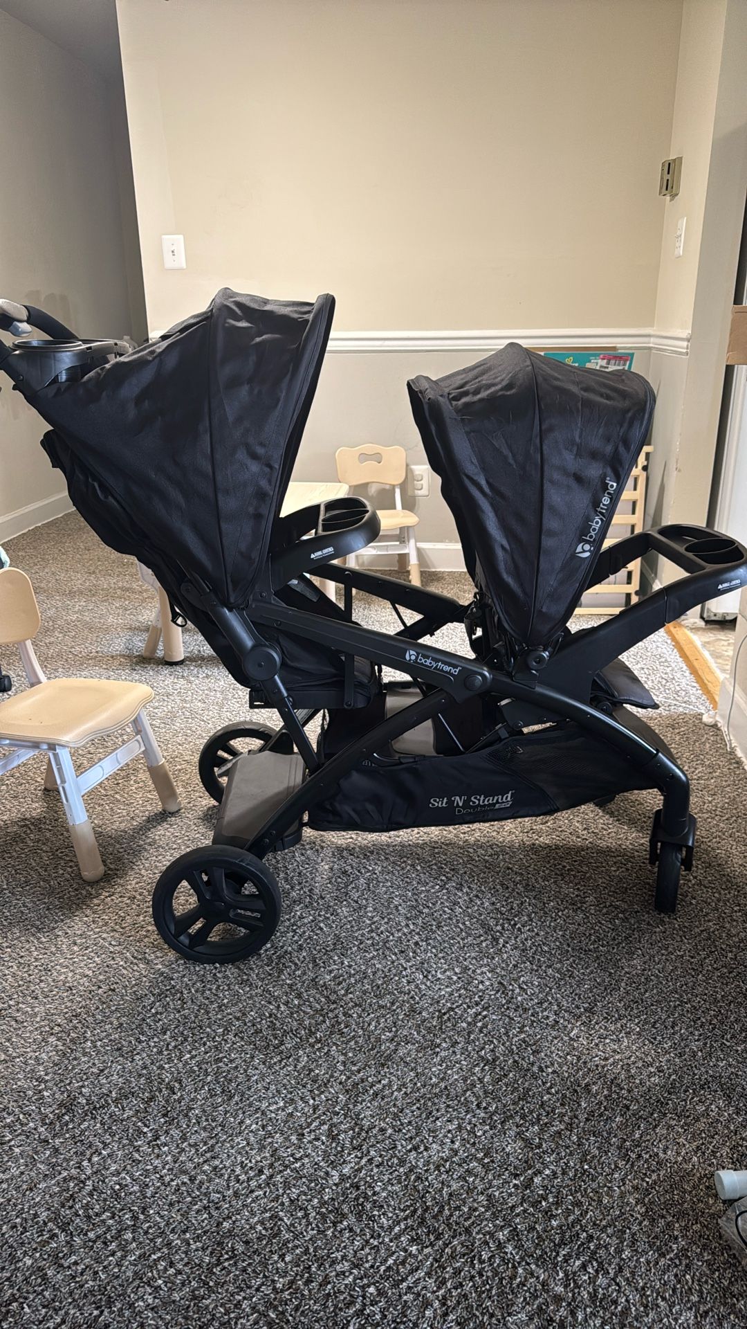 Baby Trend Sit N' Stand Double Stroller & Travel System for Babies & Toddlers, Stormy - Portable, Compact, and Lightweight Foldable Tandem Stroller