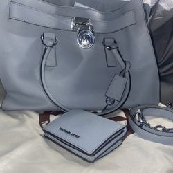 Michael Kors Dusty Blue Large Hamilton Purse & Small Bifold Wallet