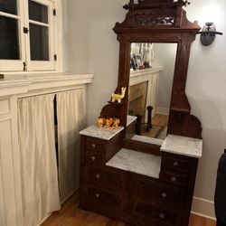 Antique Victorian Eastlake Dresser With Marble Top And Large Framed Mirror 
