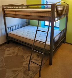 Full Size Gray Metal Framed Bunk Bed with Ladder, Mattresses Included