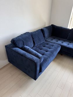 Article Sven 91” Tufted Velvet Corner Sectional — Plush Cascadia Blue — $1,395