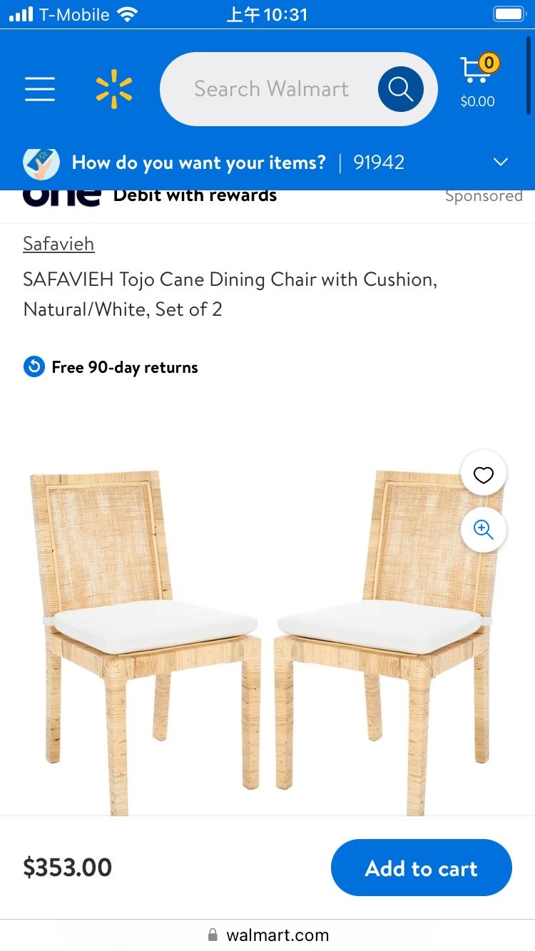 SAFAVIEH Tojo Cane Dining Chair with Cushion, Natural/White, Set of 2