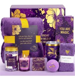 Birthday Gifts for Women, Relaxing Self Care Spa Gift Baskets, Care Package for Women with Blanket, Inspirational Thinking of You Gifts for Mom Wife F