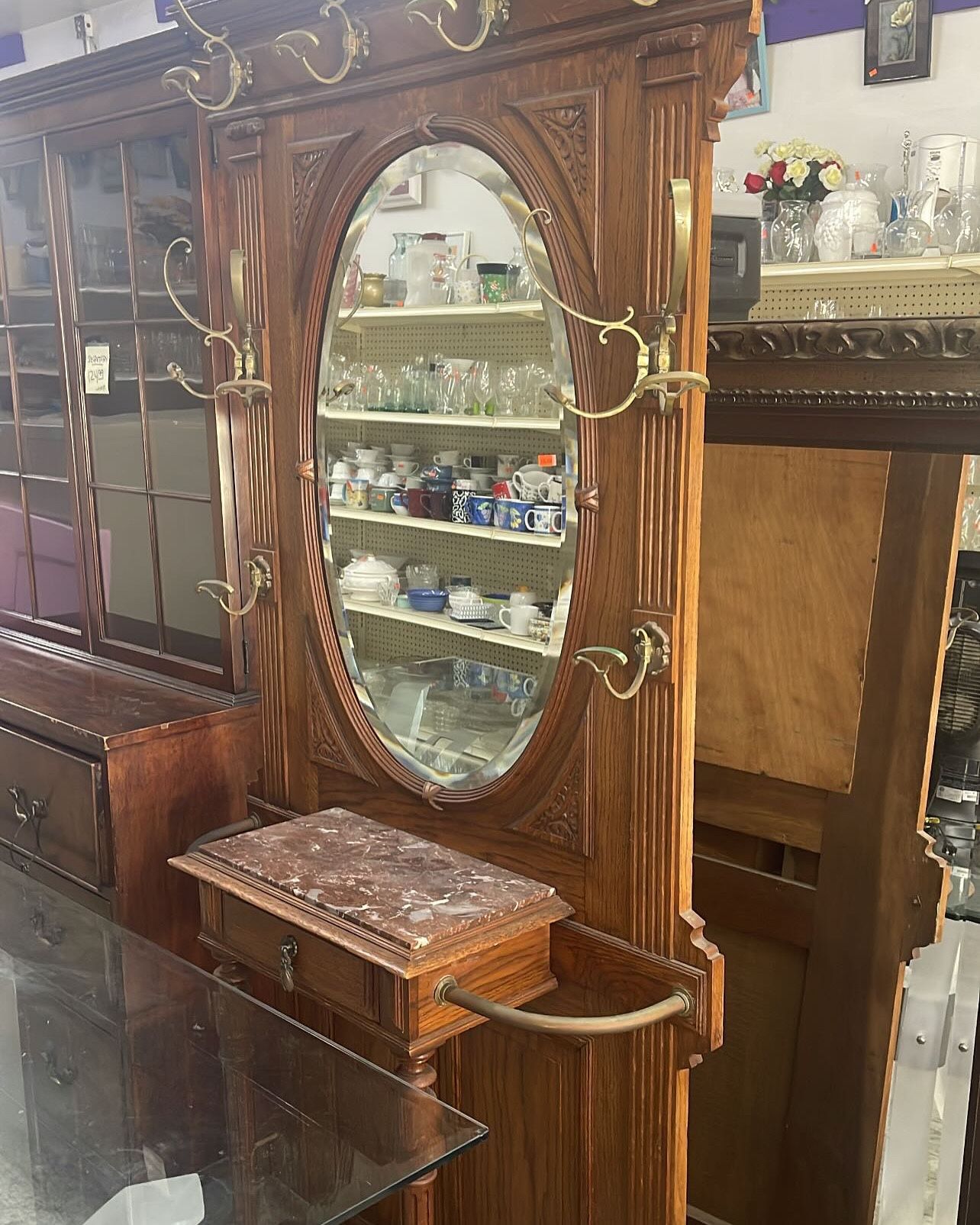 ANTIQUE VINTAGE HAT RACK HALL TREE OAK UMBRELLA STAND MIRROR ENTRYWAY CABINET SHELF