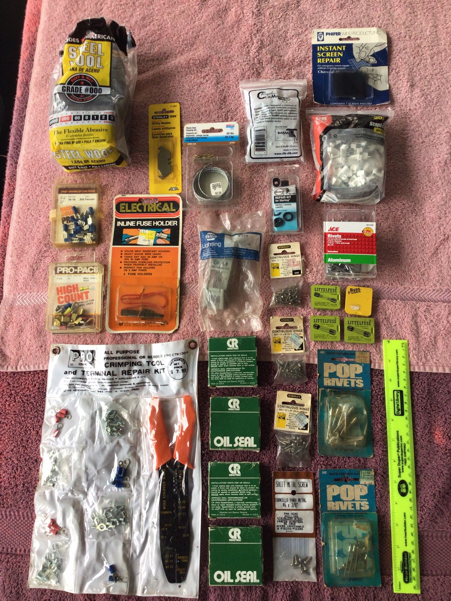 Lot of Vintage Crimping Tool Kit Fuse Holder Hinges Car Fuses Magnets Rivets Steel Wool Oil Seals Staples
