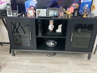 Modern Black TV Stand / Entertainment Center with Glass Doors & Storage