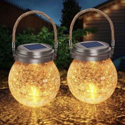 DBF Hanging Solar Lights Crackle Glass Ball, Amber Warm LED Hanging Solar Lantern Outdoor Waterproof Patio Decor Color Solar Garden Lanterns Decorativ
