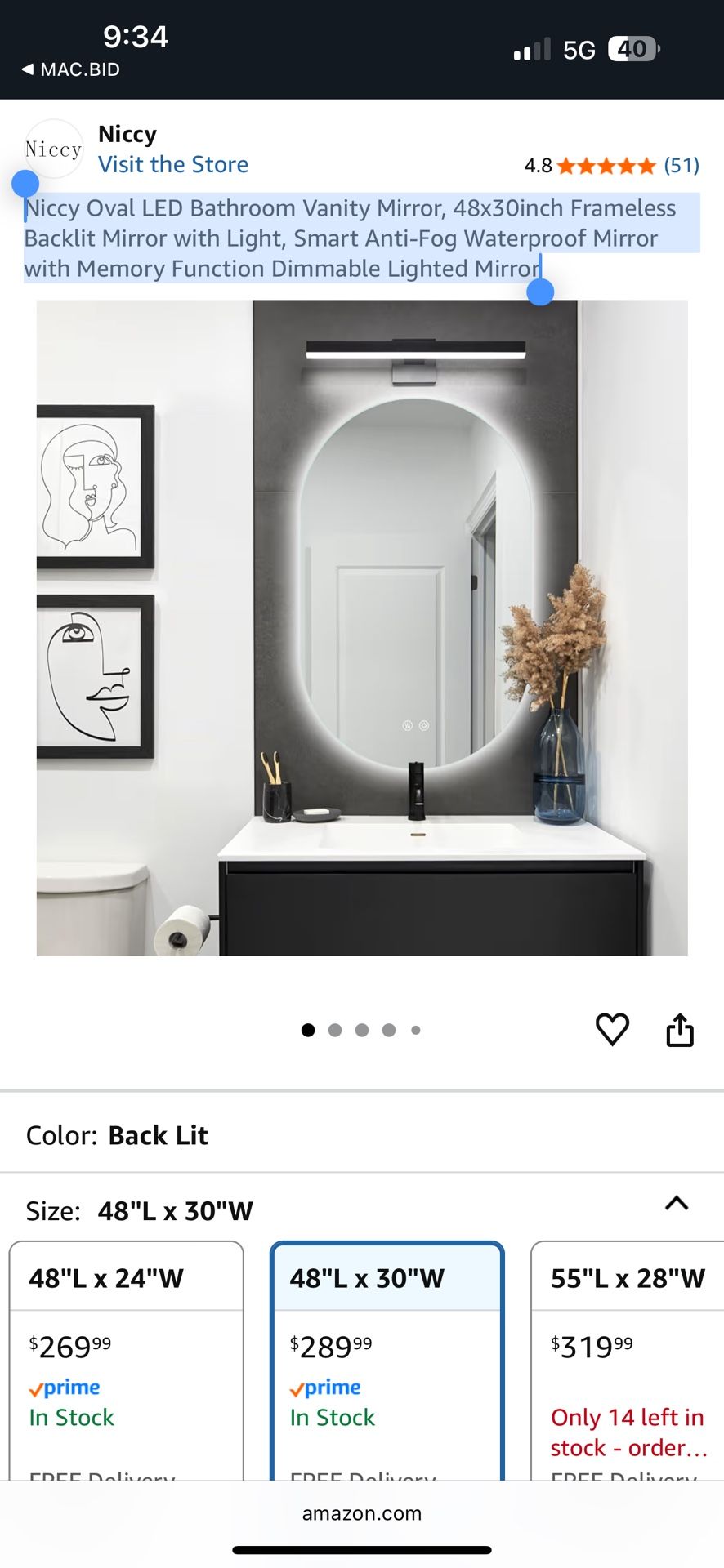 Niccy Oval LED Bathroom Vanity Mirror, 48x30inch Frameless Backlit Mirror with Light, Smart Anti-Fog Waterproof Mirror with Memory Function Dimmable L