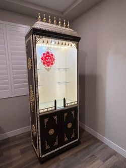 Wooden Puja Mandir (temple) with storage shelves, colorful glass stones and led light fixtures (82 inch x 32 inch x 17 inch)