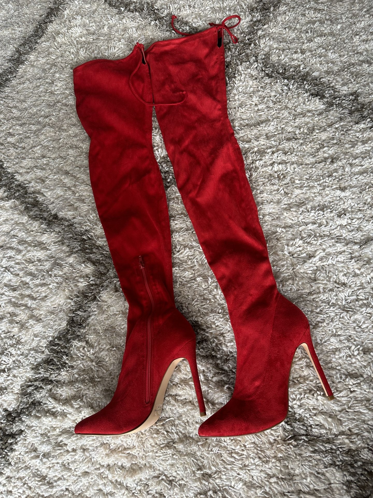 Red Velvet Thigh High Boots - Size 8
