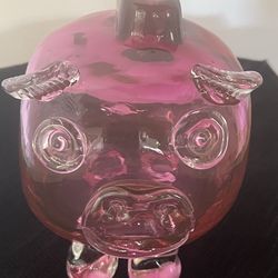 SUPER CUTE Large Vintage Hand Blown Art Glass Pink Piggy Bank With Coin Slot 🐷🐷🐷