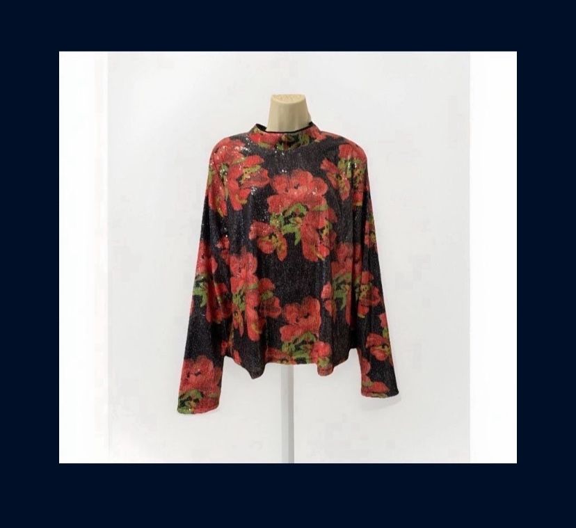 ✨New With Tags✨ Adult Women XL Sequin Black Red Floral Long Sleeve Nicole Miller