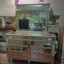 Modern Glam Silver Mirrored Dresser and mirror