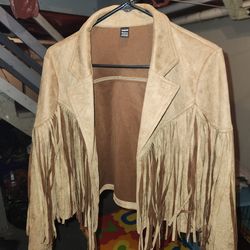SHEIN brown faux suede fringe jacket.